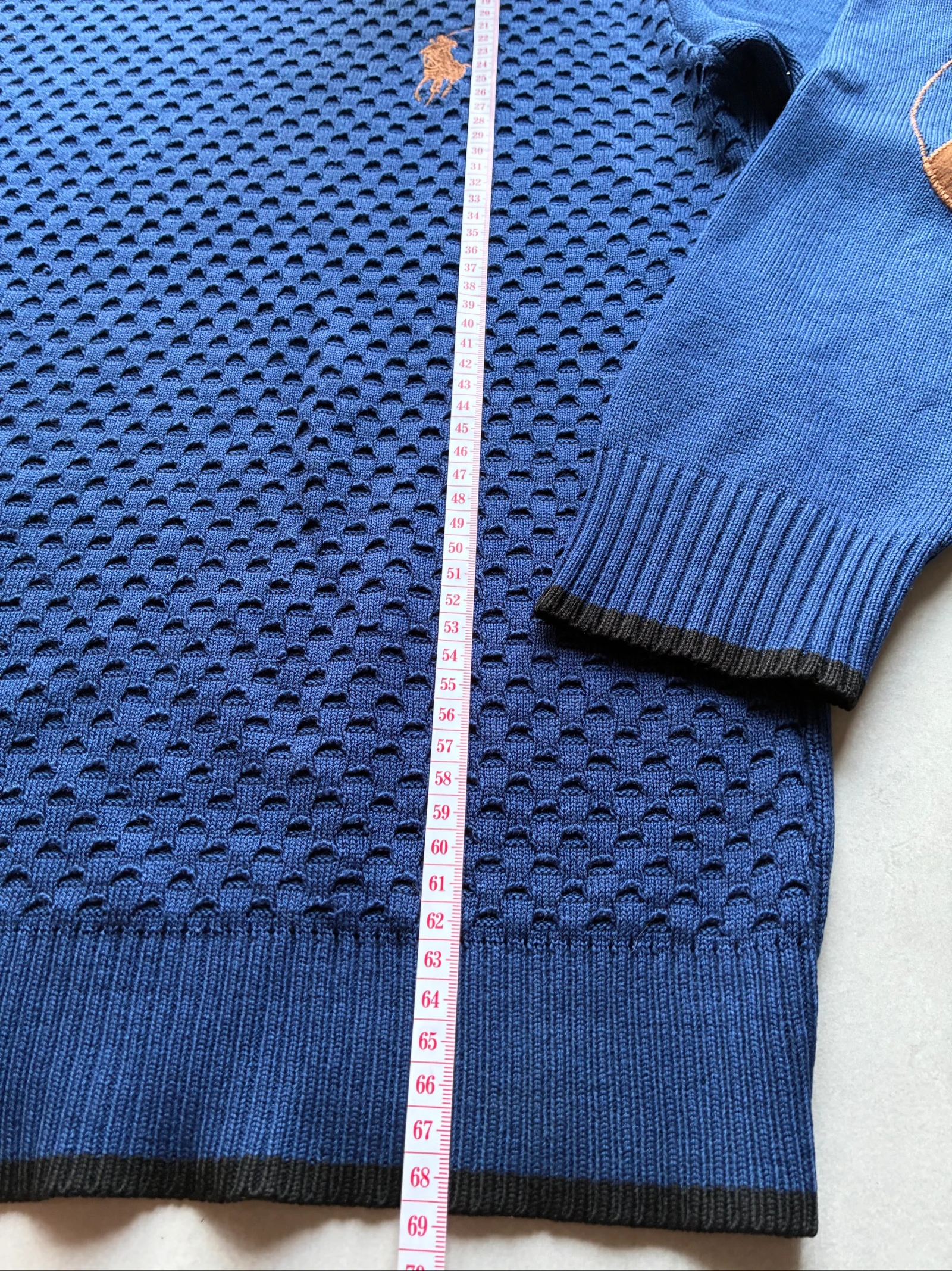 Polo Ralph Lauren Suéter Azul Gola Redonda Texturizado Vintage Y2K Logo Bordado Marrom Remendo nos Cotovelos – photo 7